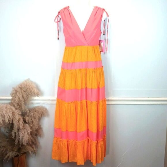 LDT Daphne pink/ yellow color block V-neck and back tiered skirt maxi dress - Picture 3 of 15